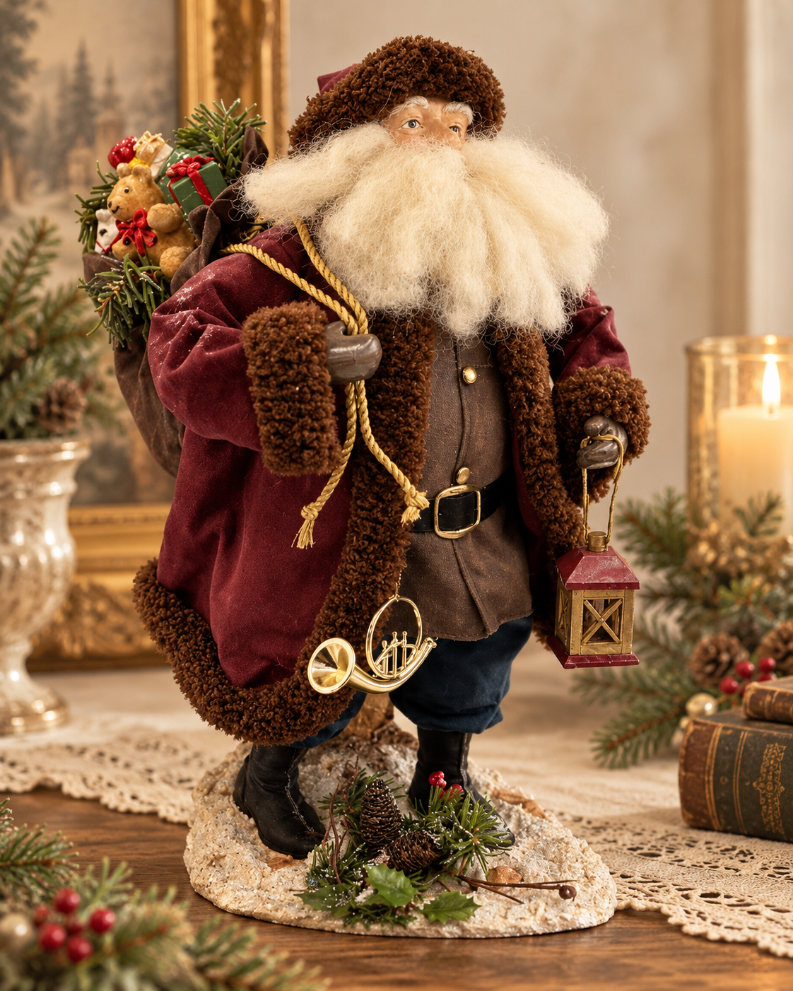 Holiday treasures — vintage Santa figurine with wreath, hat, and lantern